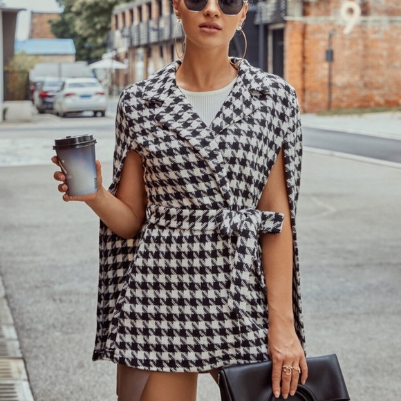 Houndstooth Pattern Belted Tweed glam Cape  Coat - Picture 5 of 15